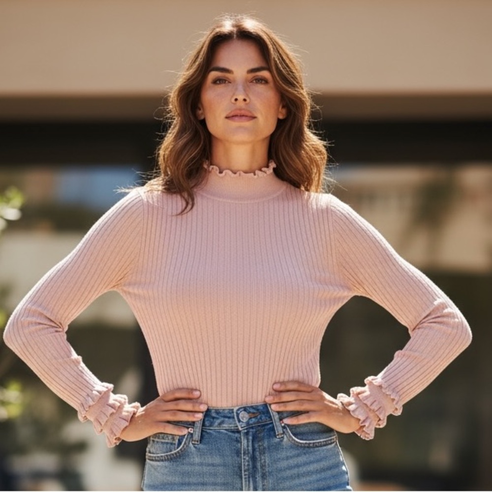 ZARA — Women’s Light Pink Ribbed Knit Top with Ruffled Sleeves - Picture 4 of 11